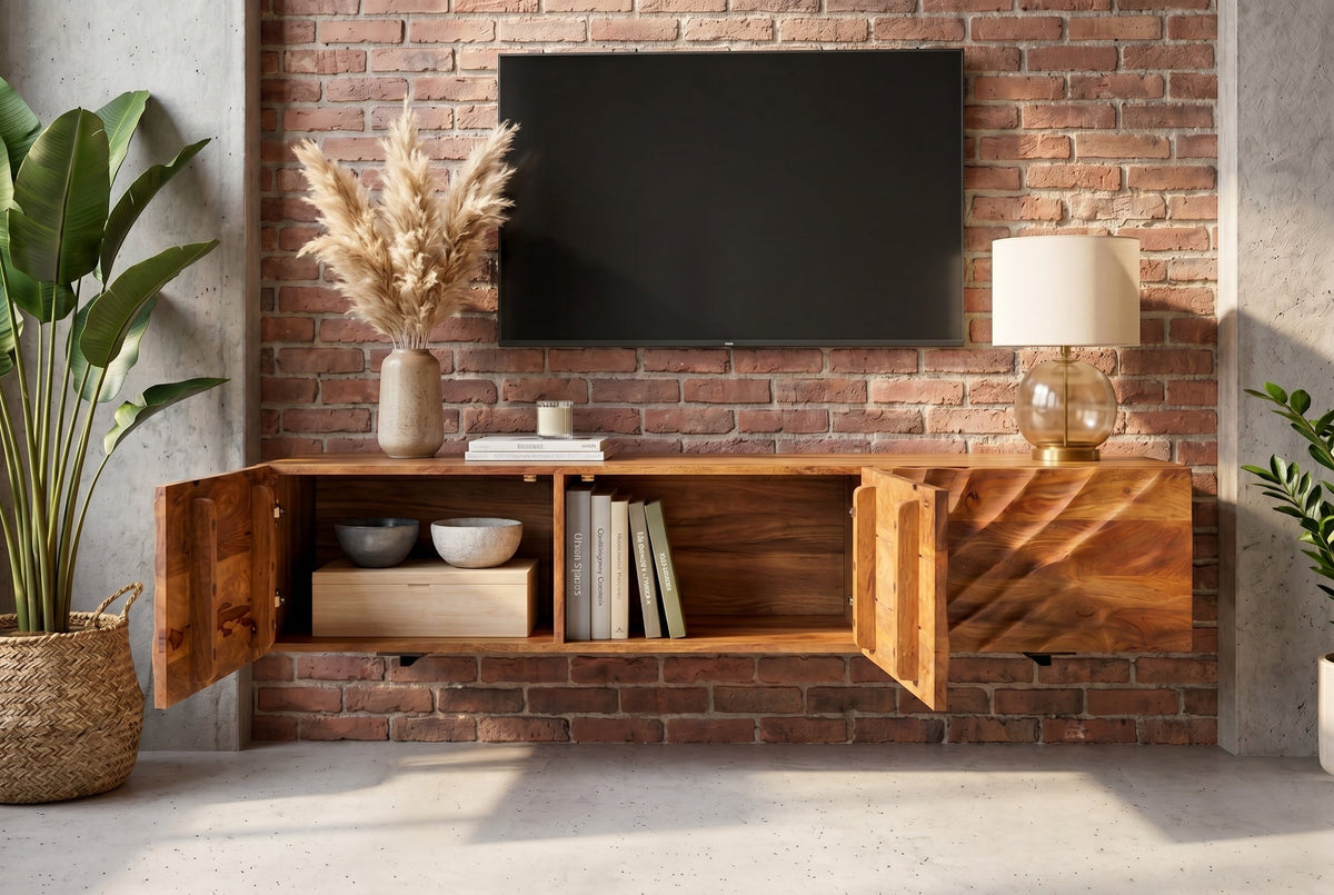 Banc TV en bois massif SCORPION 160cm meuble bas mural en manguier marron