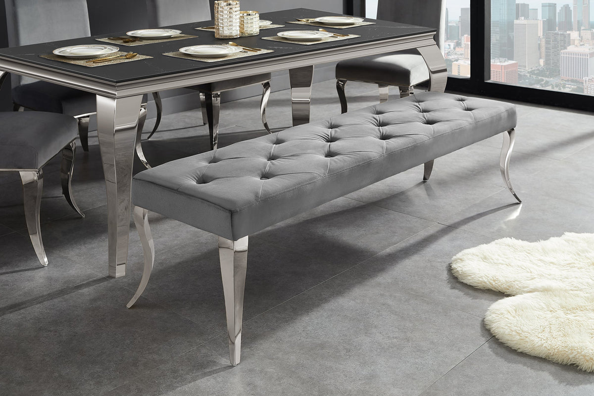 Banquette Chesterfield MODERN BAROCK DELUXE 170cm gris velours argent acier inoxydable