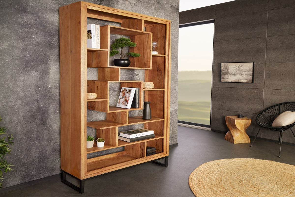 Bibliothèque en bois massif CUBUS 190cm acacia finition miel pieds métal étagère sur pied noire