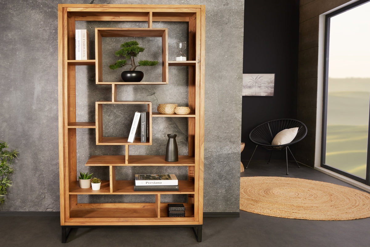 Bibliothèque en bois massif CUBUS 190cm acacia finition miel pieds métal étagère sur pied noire