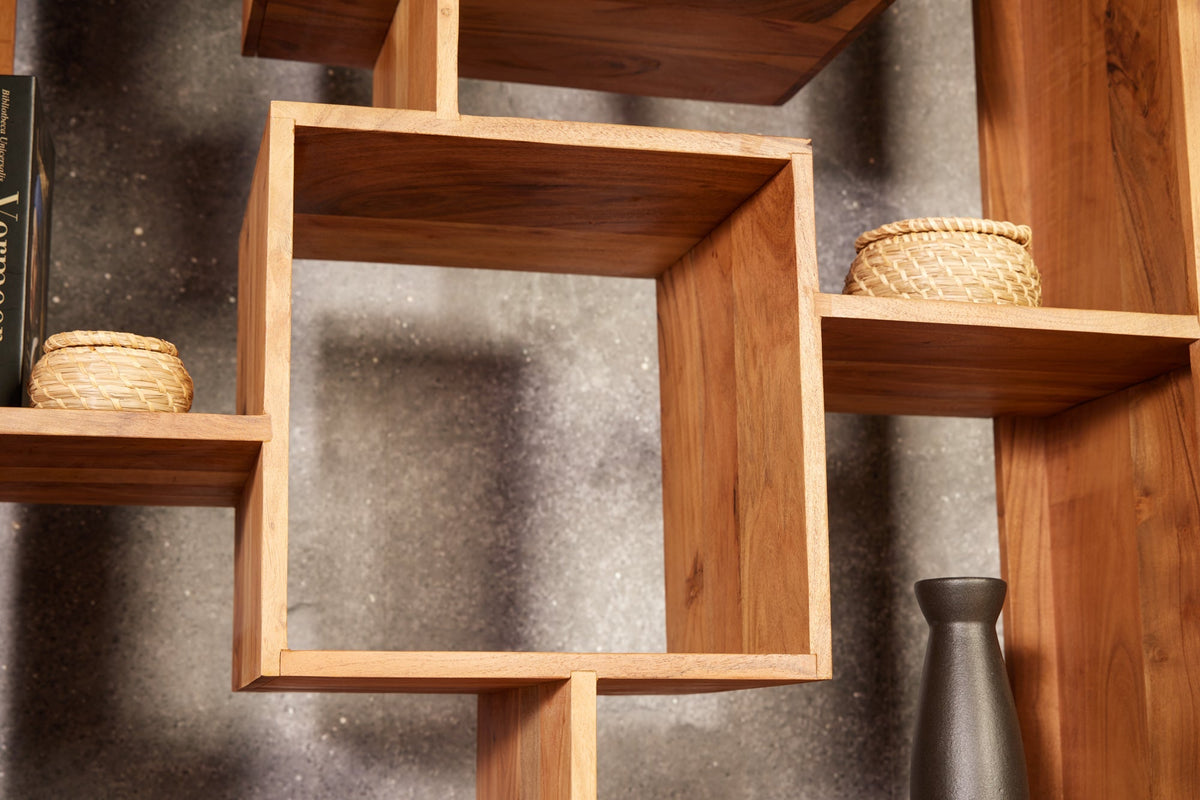 Bibliothèque en bois massif CUBUS 190cm acacia finition miel pieds métal étagère sur pied noire