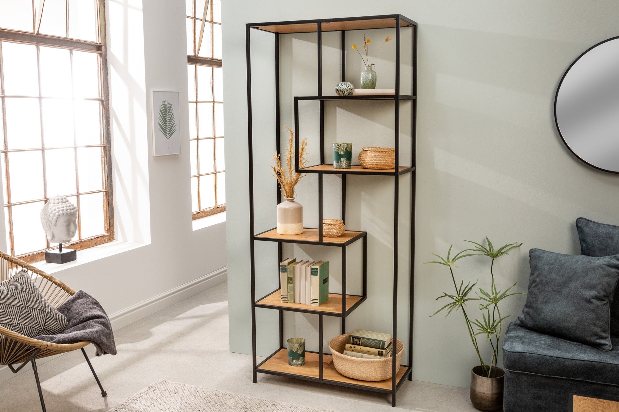 Bibliothèque industrielle SLIM LINE 185cm chêne sauvage noir six étagères