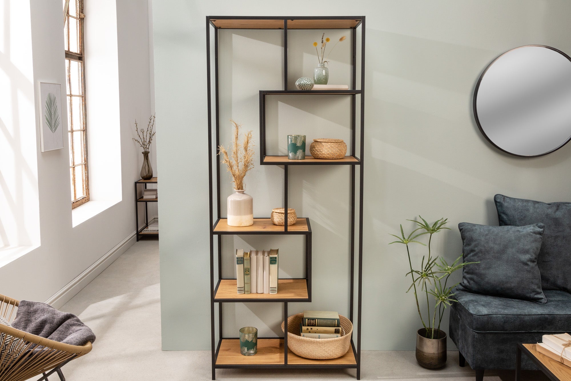 Bibliothèque industrielle SLIM LINE 185cm chêne sauvage noir six étagères