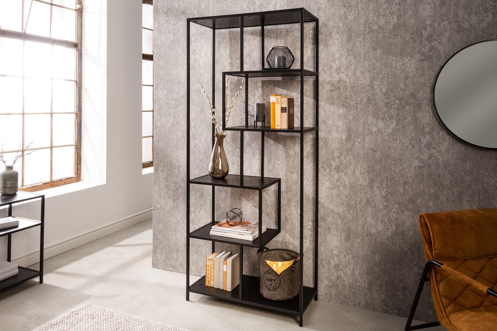 Bibliothèque industrielle SLIM LINE 185cm frêne noir six étagères