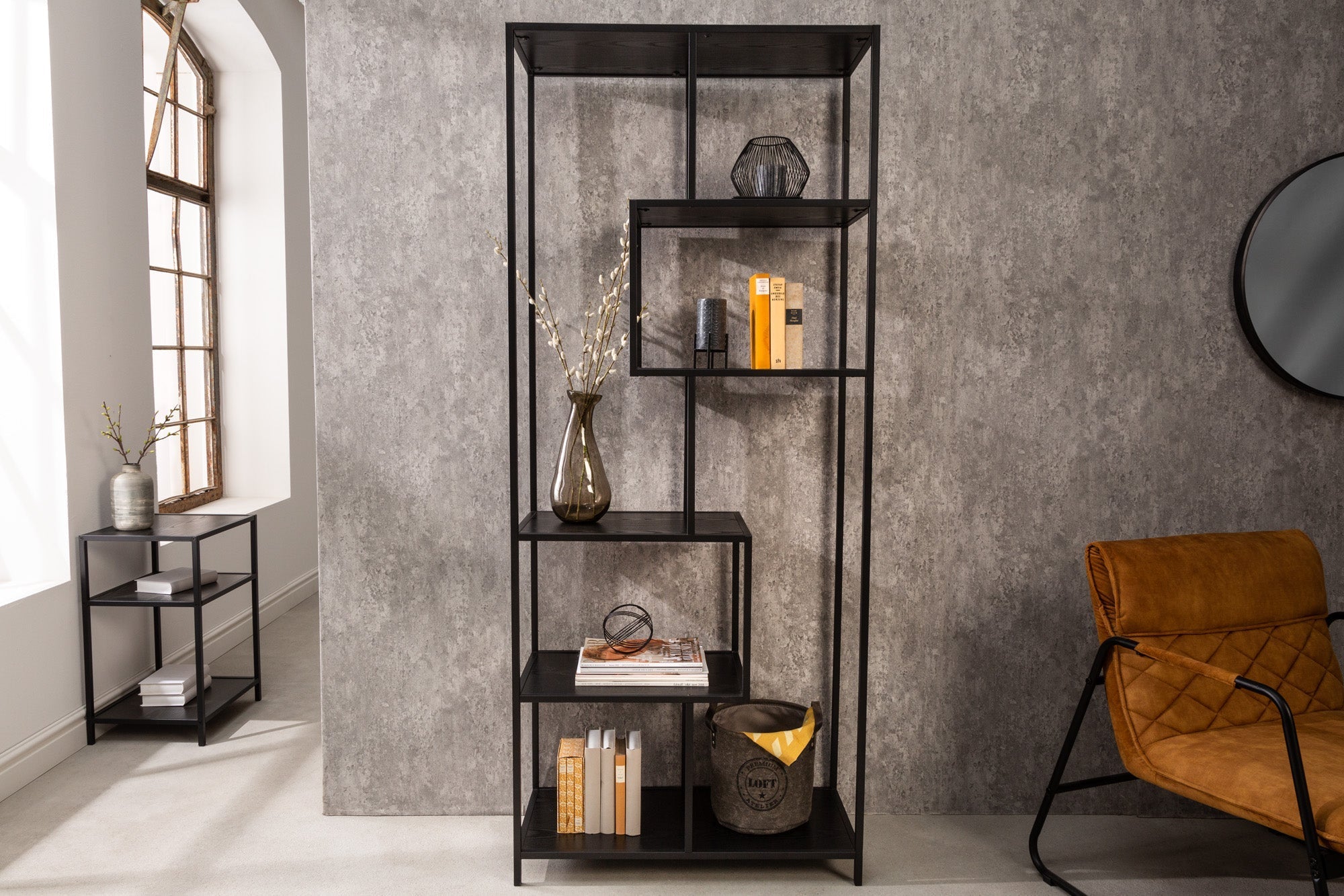 Bibliothèque industrielle SLIM LINE 185cm frêne noir six étagères