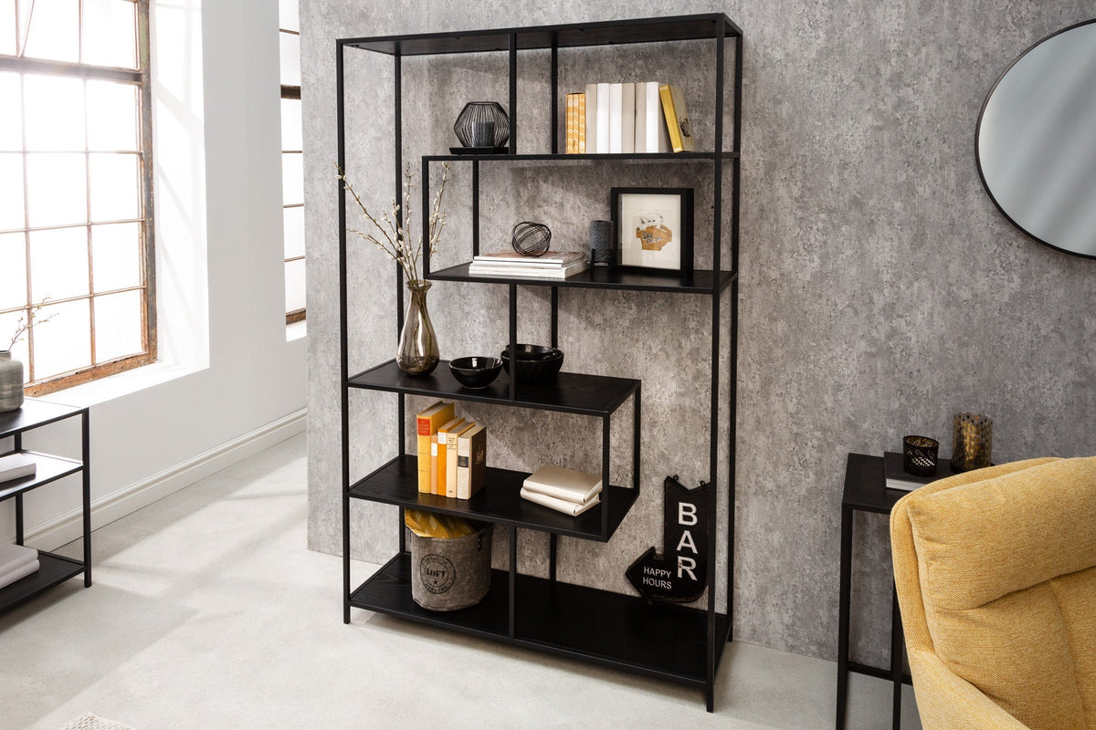 Bibliothèque industrielle SLIM LINE 185x114cm frêne noir six étagères