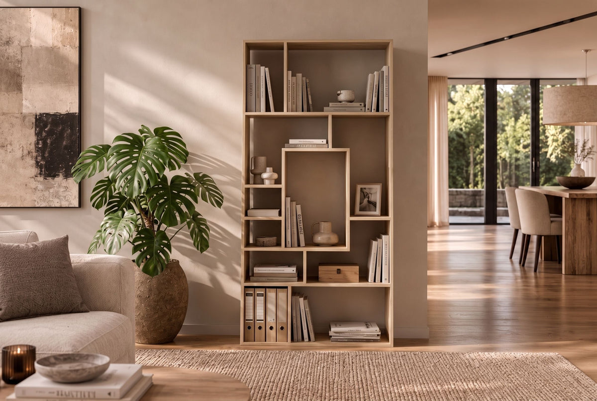 Bibliothèque massive CUBUS 180cm en manguier naturel finition crème onze compartiments