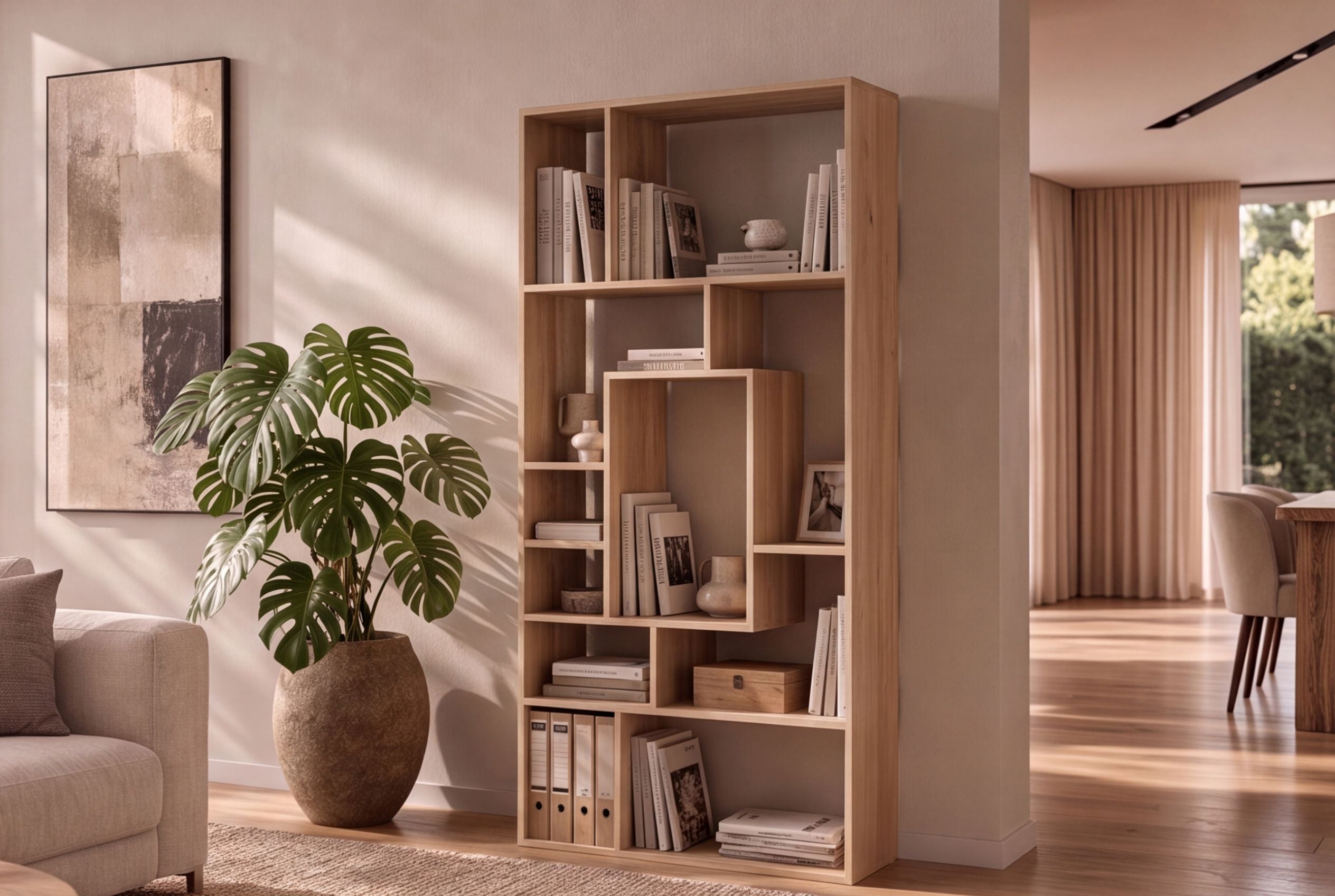 Bibliothèque massive CUBUS 180cm en manguier naturel finition crème onze compartiments