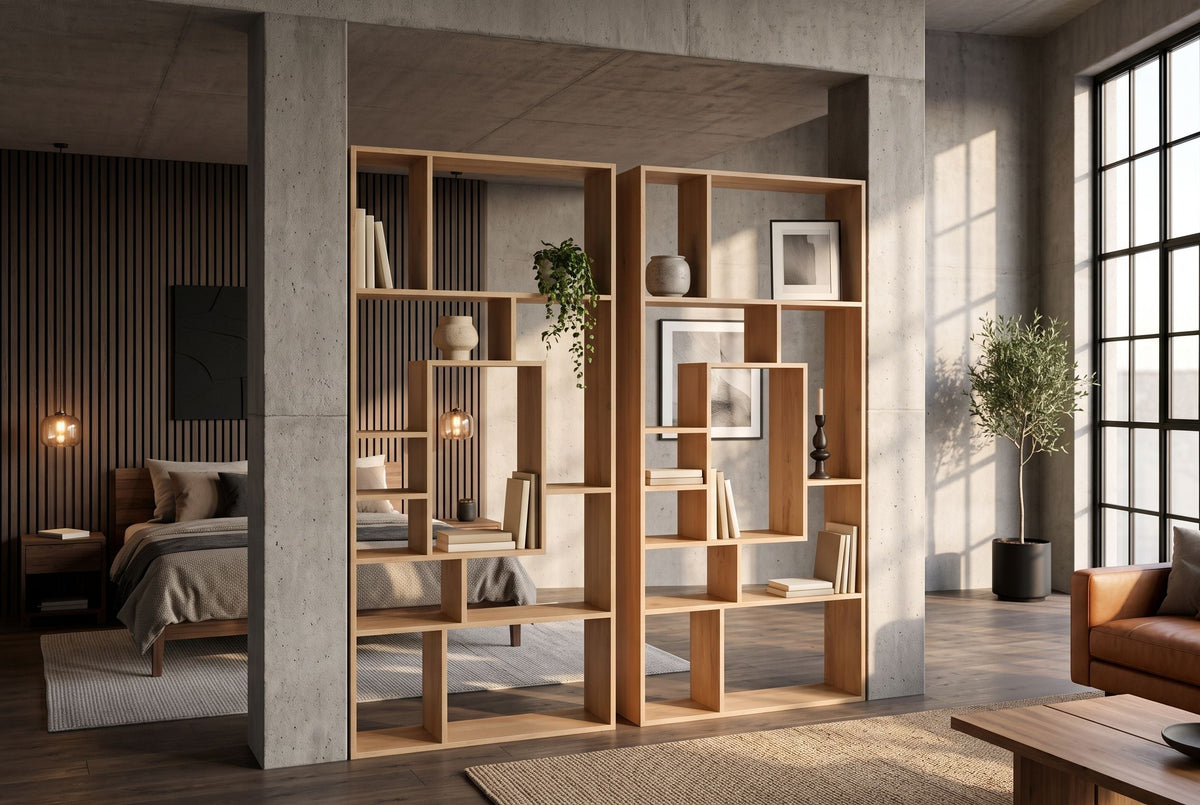 Bibliothèque massive CUBUS 180cm en manguier naturel finition crème onze compartiments