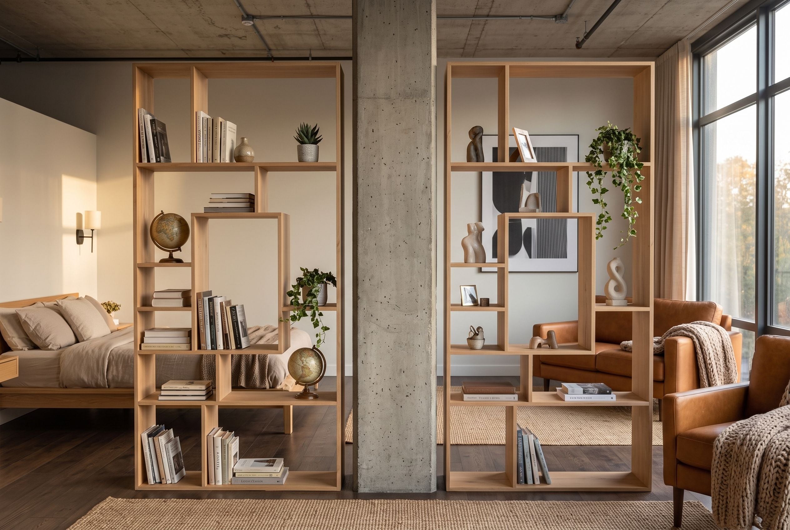 Bibliothèque massive CUBUS 180cm en manguier naturel finition crème onze compartiments