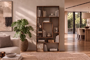 Bibliothèque massive CUBUS 180cm finition pierre Sheesham marron grain unique