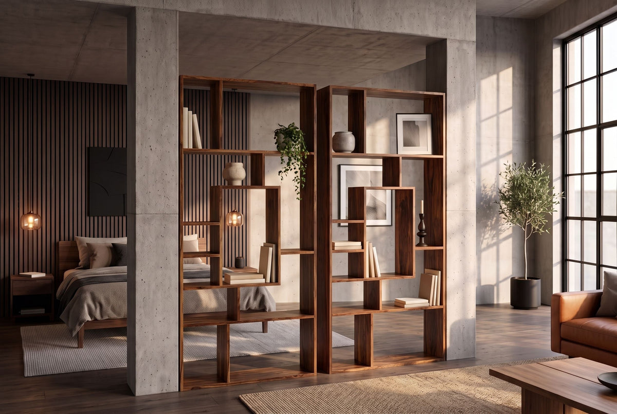 Bibliothèque massive CUBUS 180cm finition pierre Sheesham marron grain unique