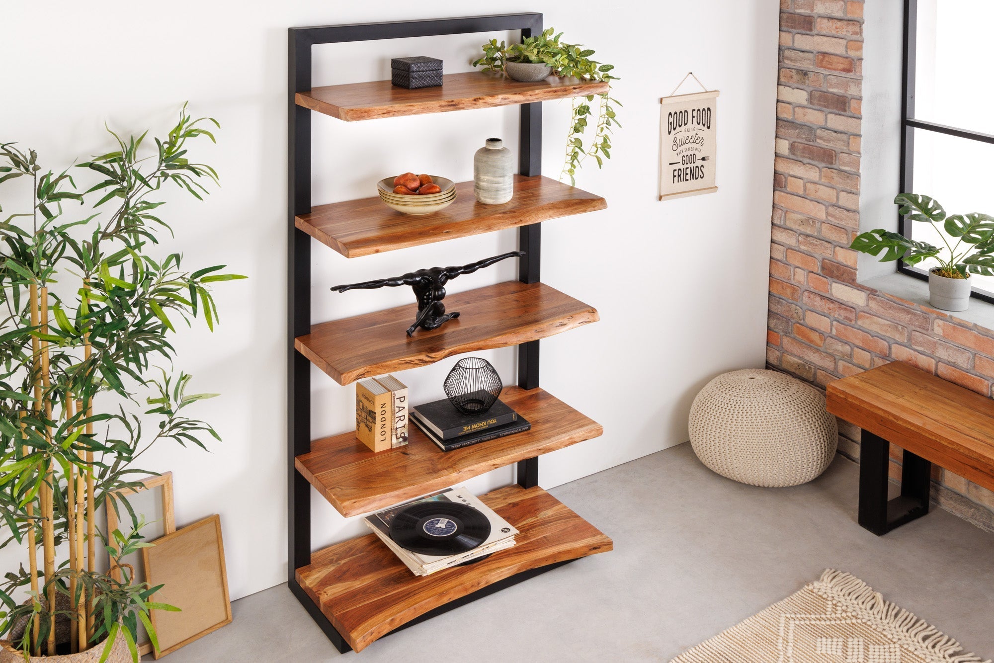 Bibliothèque massive MAMMUT 180cm acacia noir cinq étagères