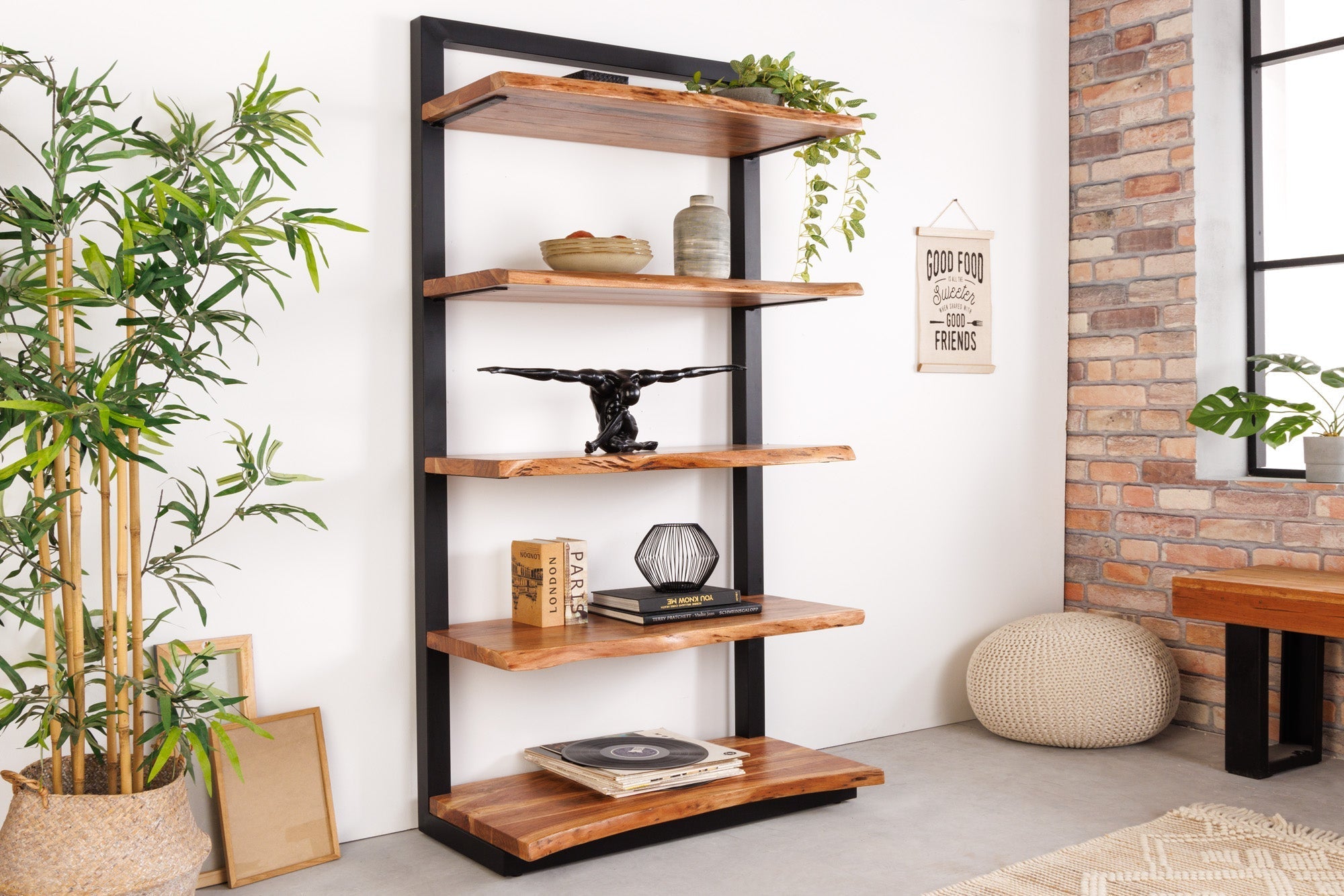 Bibliothèque massive MAMMUT 180cm acacia noir cinq étagères