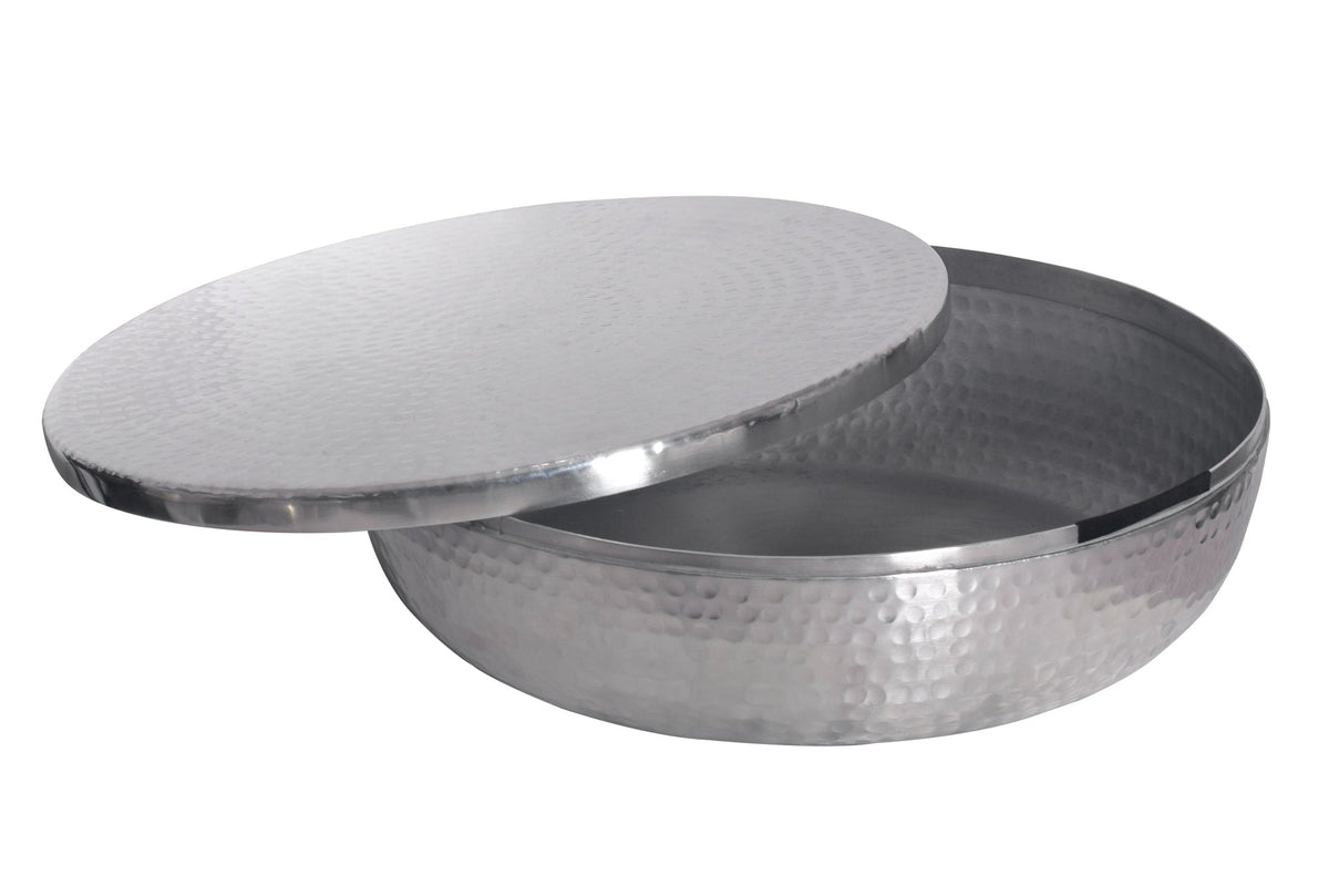 Bol fait main ORIENT 40cm métal argenté rond avec couvercle boite à bijoux