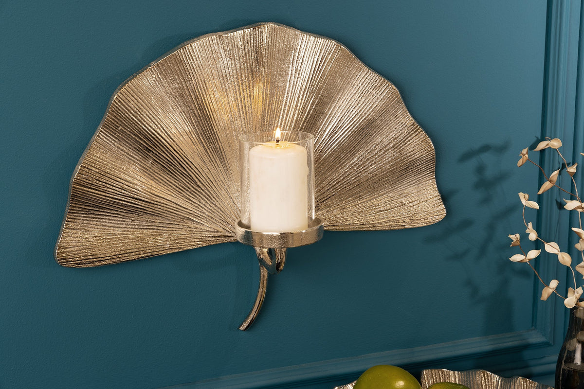 Bougeoir décoratif GINKGO 44cm bougie chauffe-plat murale en métal argenté fait main