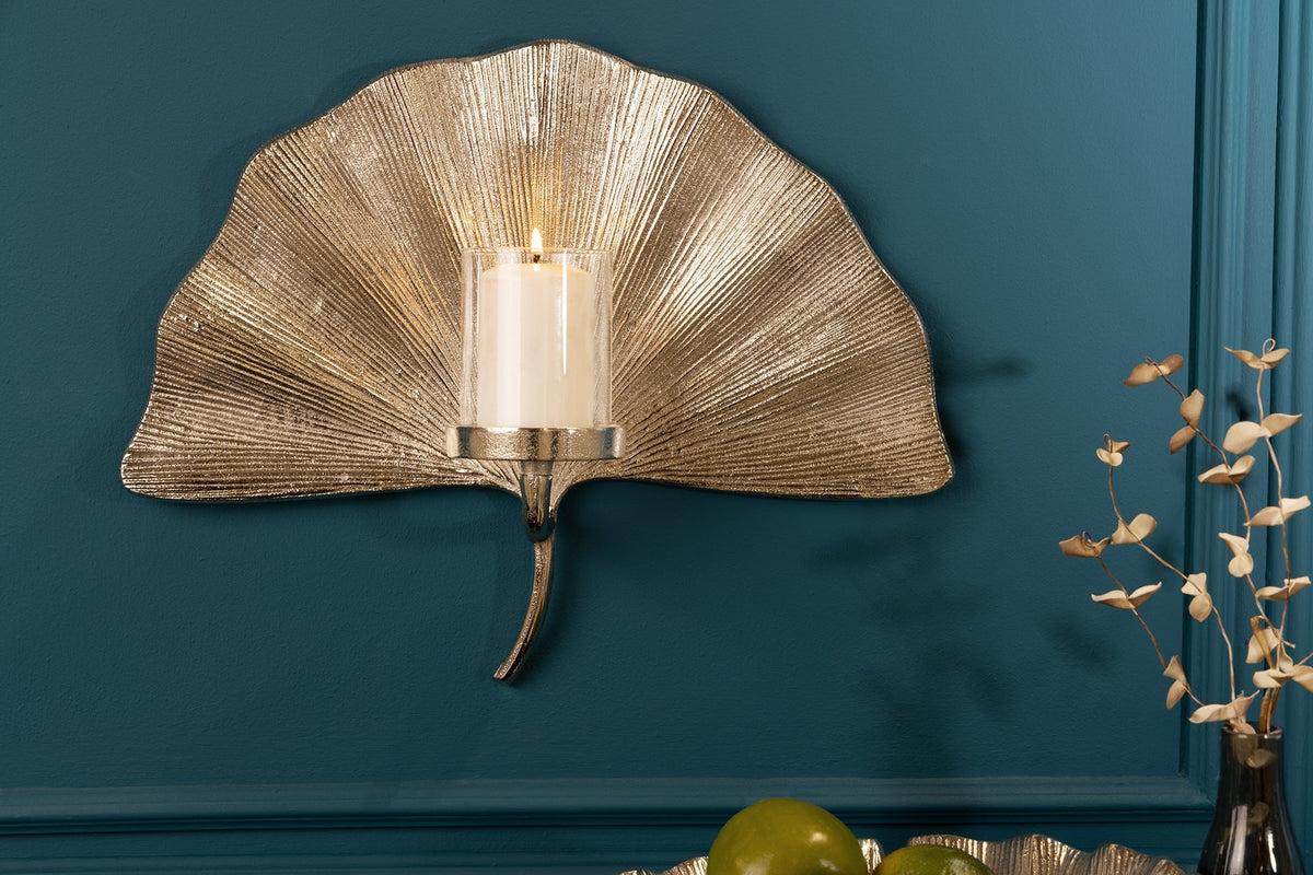 Bougeoir décoratif GINKGO 44cm bougie chauffe-plat murale en métal argenté fait main