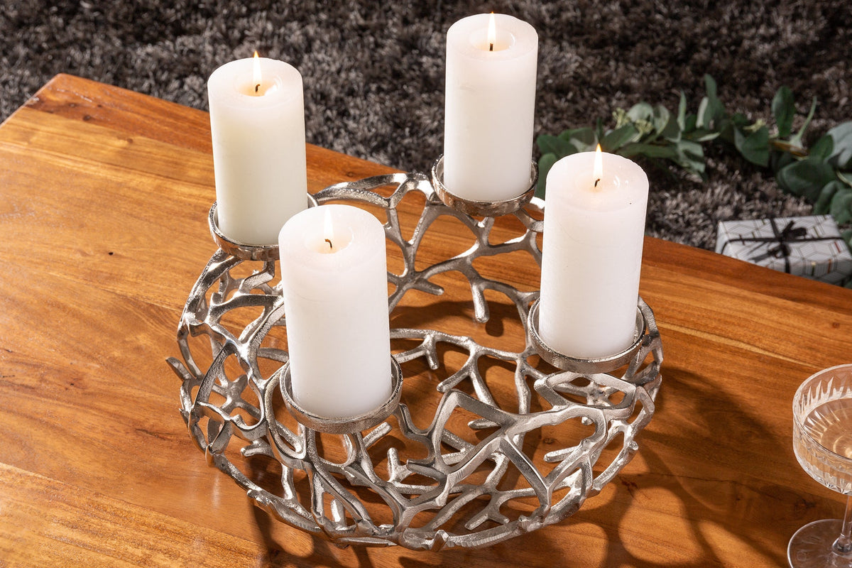 Bougeoir élégant ABSTRAIT 38cm couronne argentée composée de branches pour 4 bougies