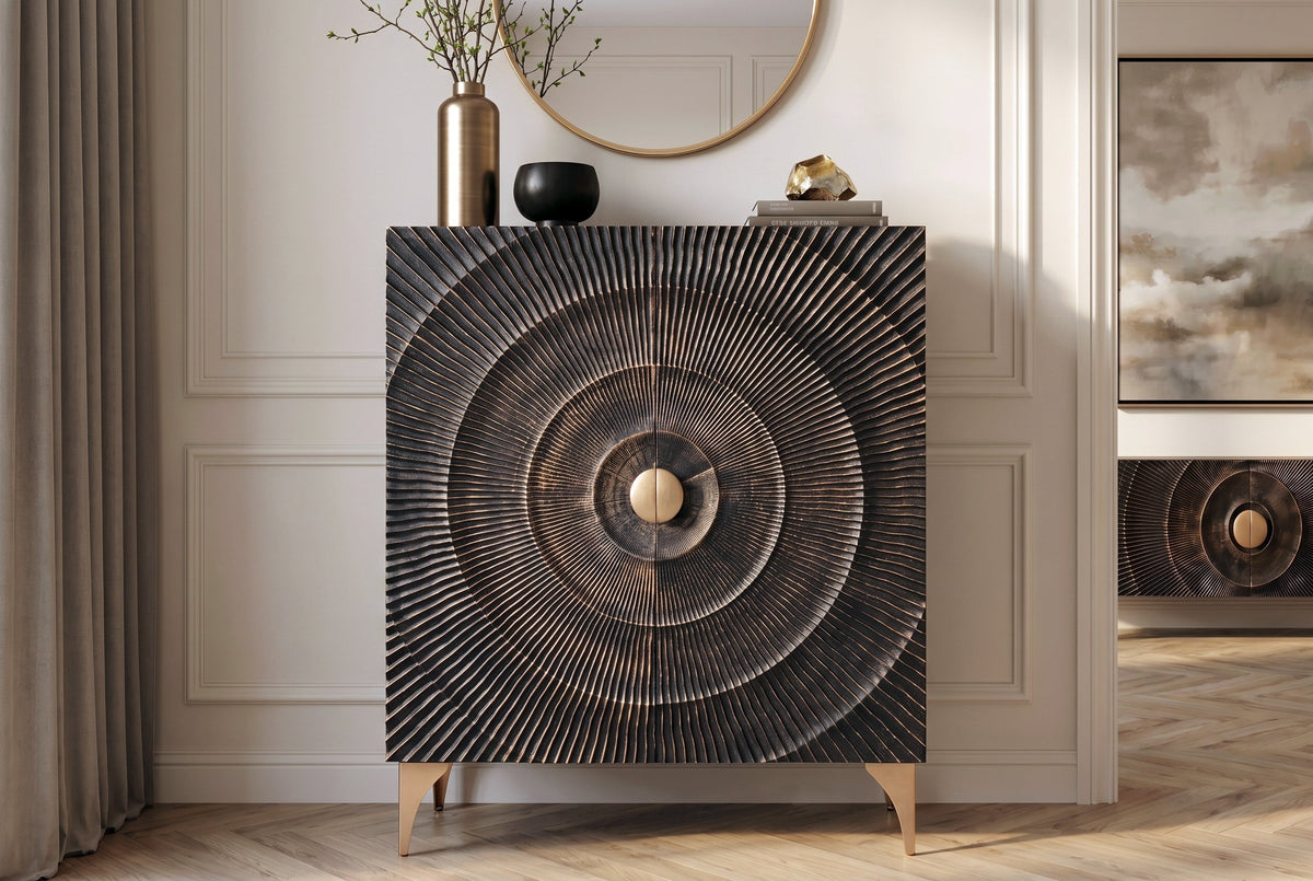 Buffet artisanal GOLDEN SUNSET 120cm avec sculptures 3D en bois de manguier or noir