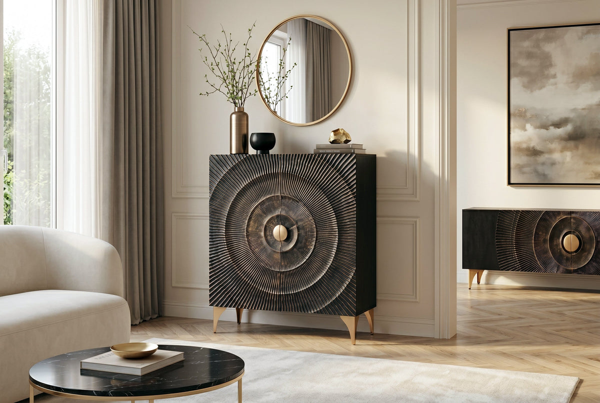 Buffet artisanal GOLDEN SUNSET 120cm avec sculptures 3D en bois de manguier or noir