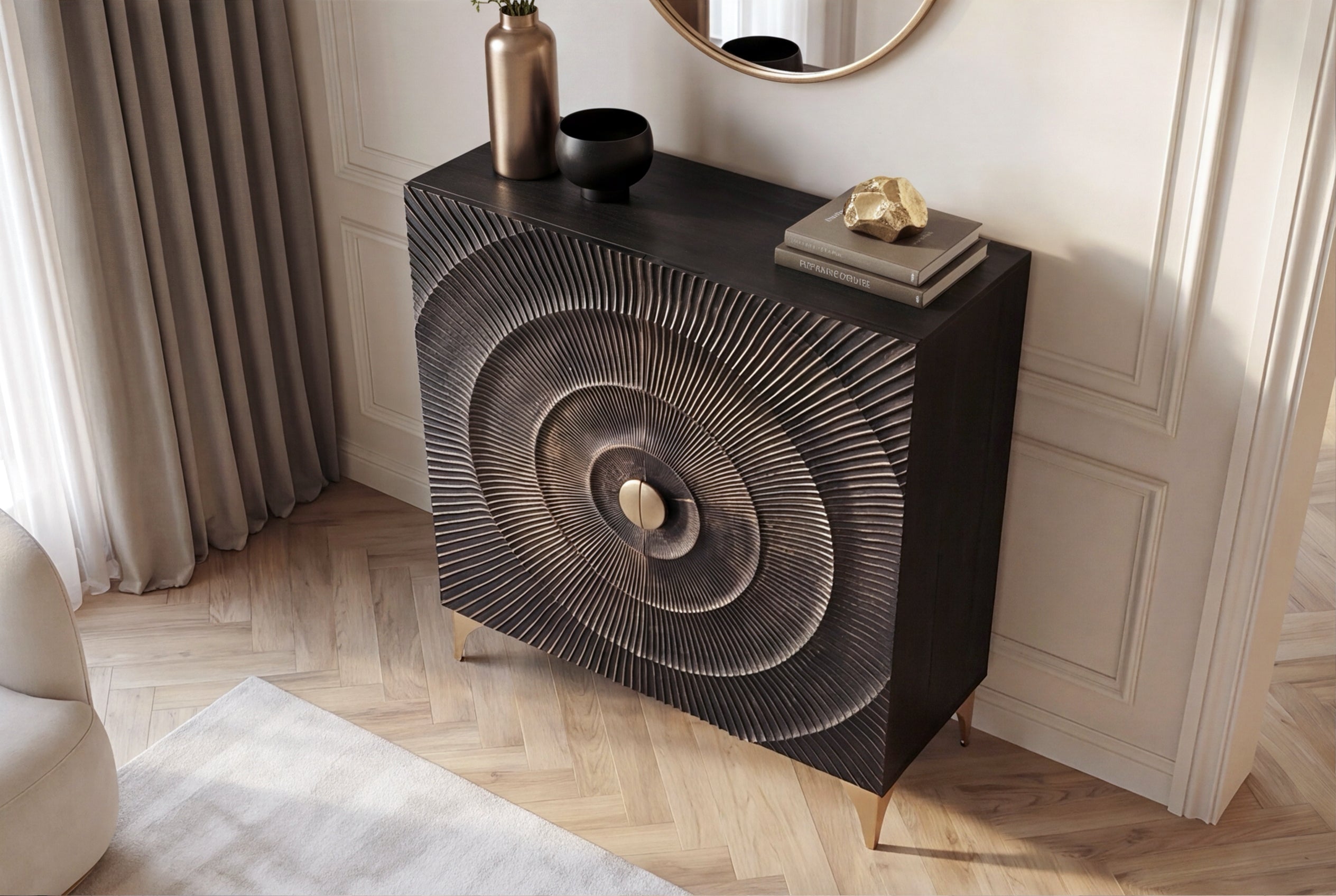 Buffet artisanal GOLDEN SUNSET 120cm avec sculptures 3D en bois de manguier or noir