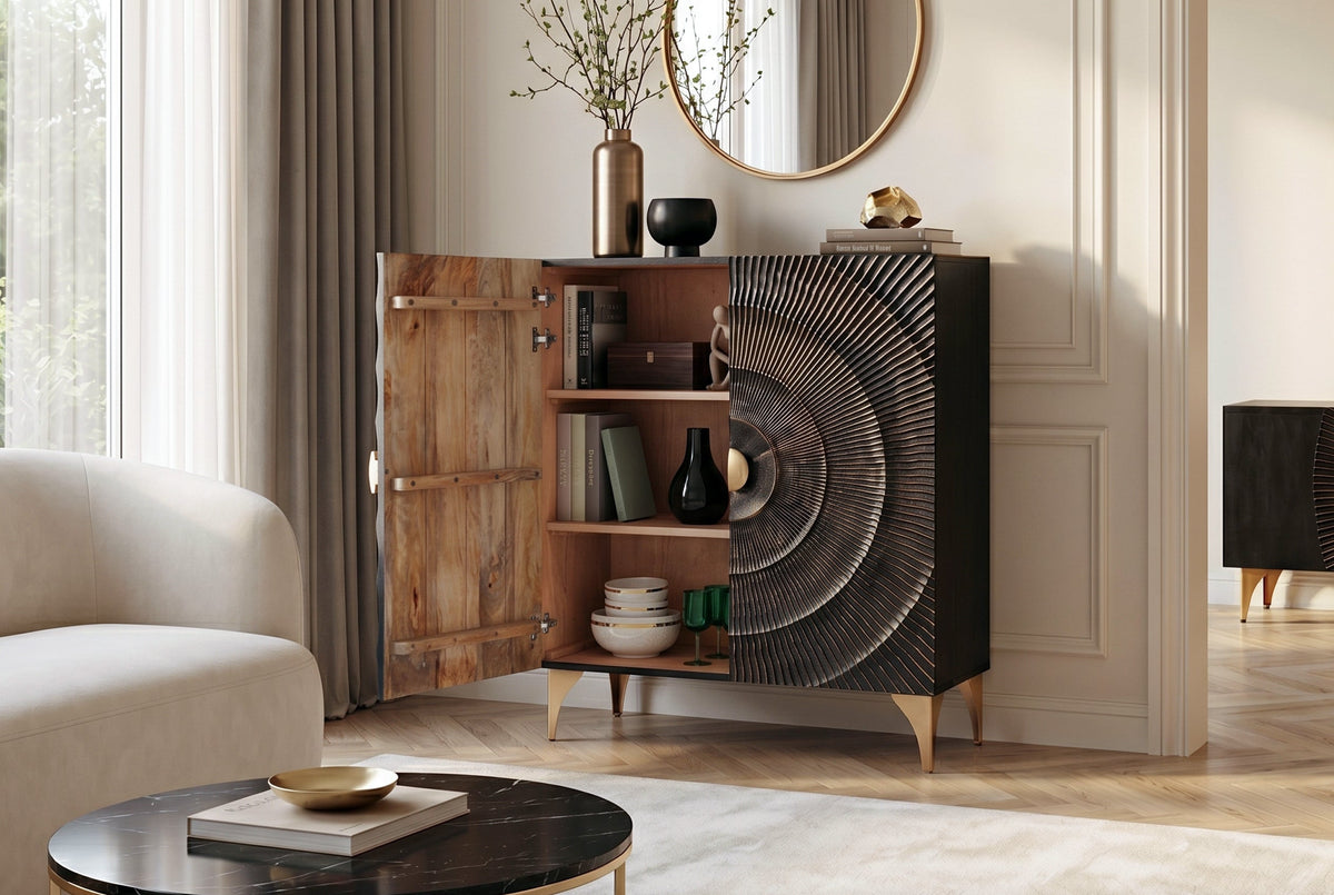 Buffet artisanal GOLDEN SUNSET 120cm avec sculptures 3D en bois de manguier or noir