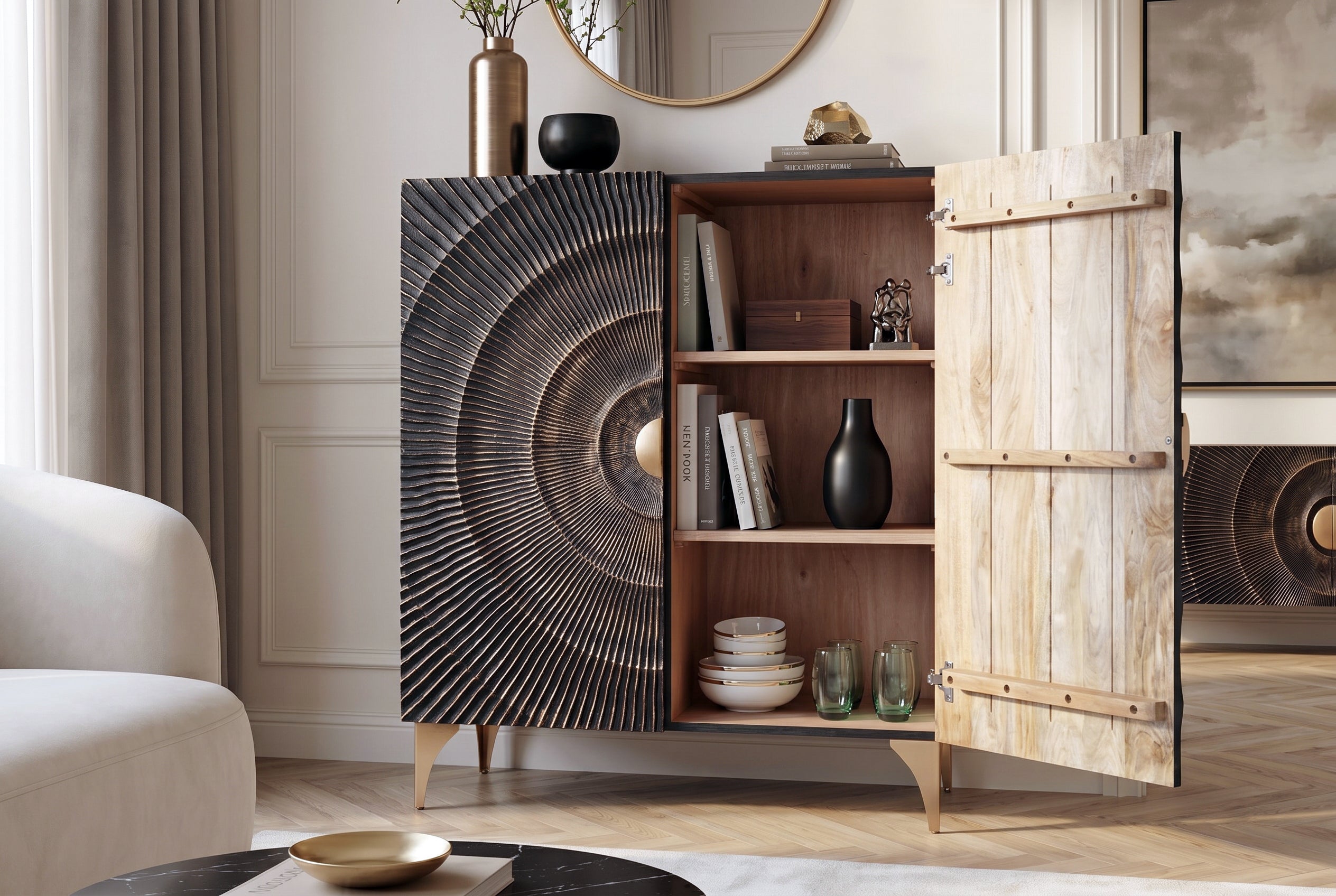 Buffet artisanal GOLDEN SUNSET 120cm avec sculptures 3D en bois de manguier or noir