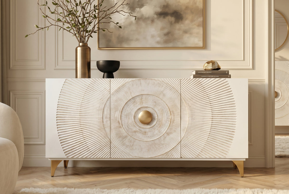 Buffet artisanal GOLDEN SUNSET 140cm blanc avec sculptures 3D pieds en métal bois de manguier doré