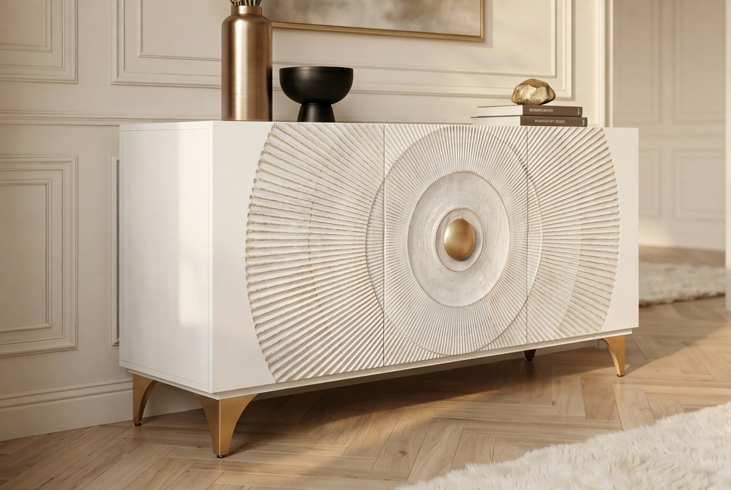 Buffet artisanal GOLDEN SUNSET 140cm blanc avec sculptures 3D pieds en métal bois de manguier doré