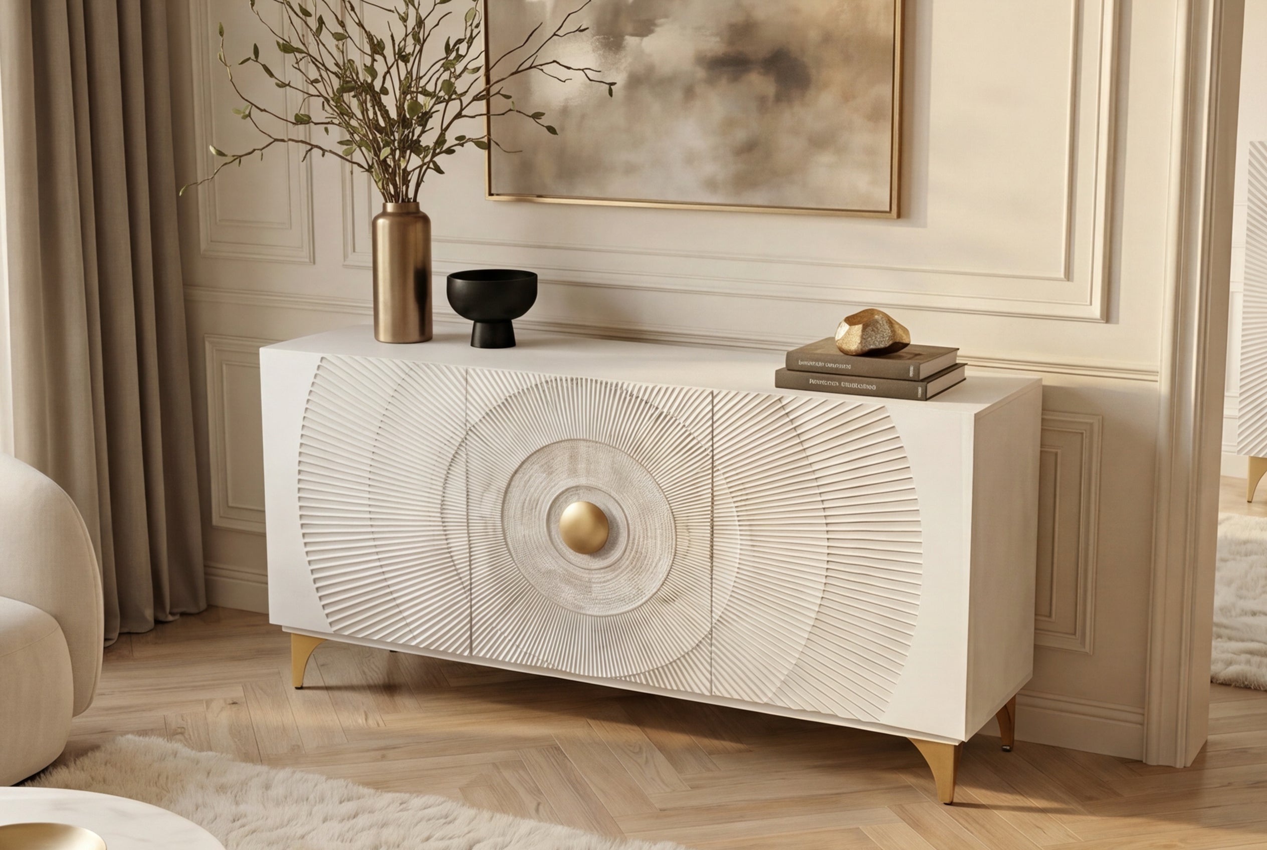 Buffet artisanal GOLDEN SUNSET 140cm blanc avec sculptures 3D pieds en métal bois de manguier doré