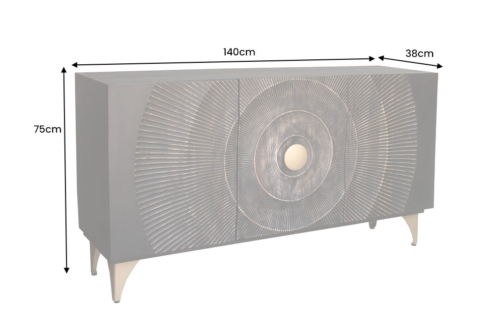 Buffet artisanal GOLDEN SUNSET 140cm noir avec sculptures 3D pieds en métal bois de manguier doré