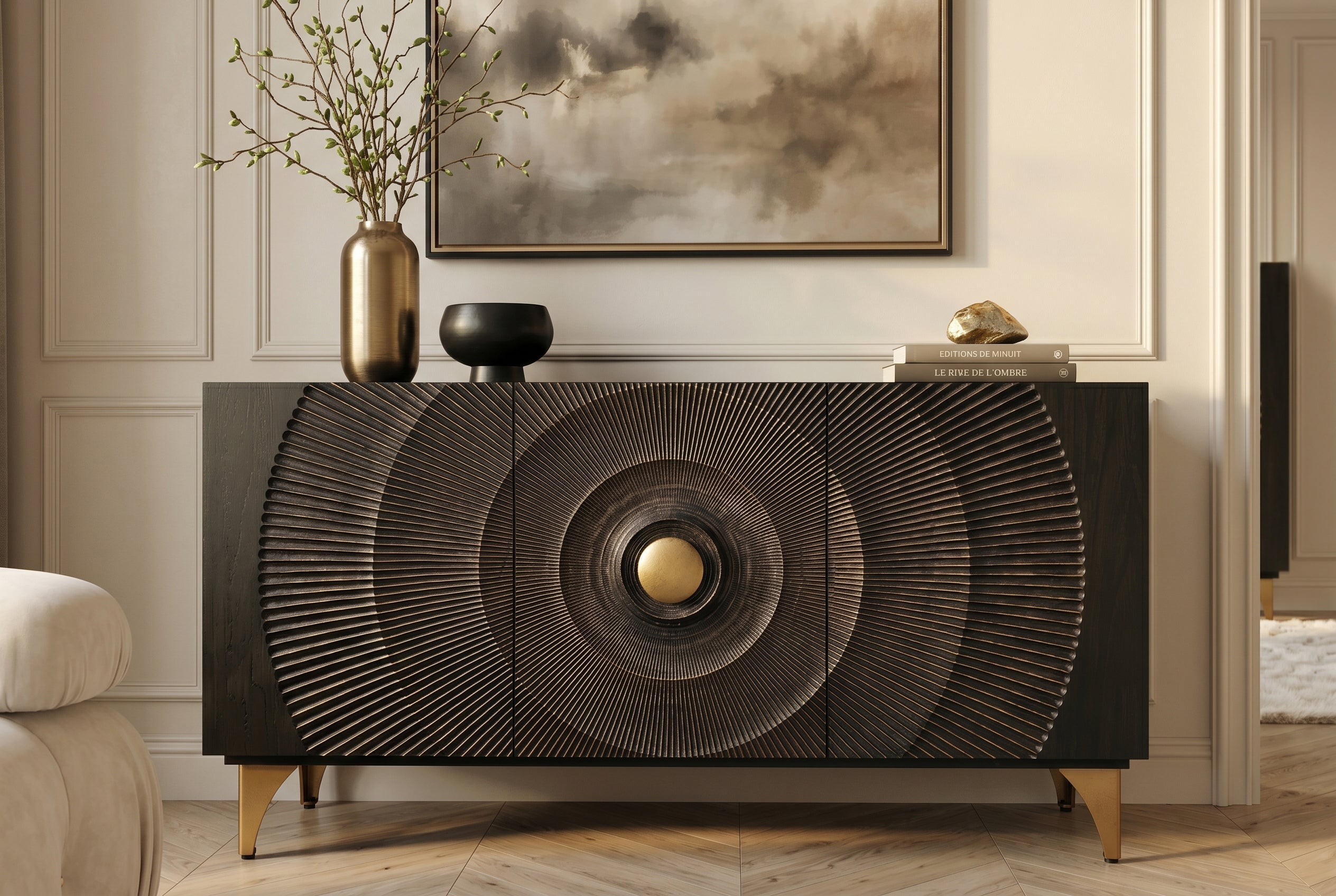 Buffet artisanal GOLDEN SUNSET 140cm noir avec sculptures 3D pieds en métal bois de manguier doré