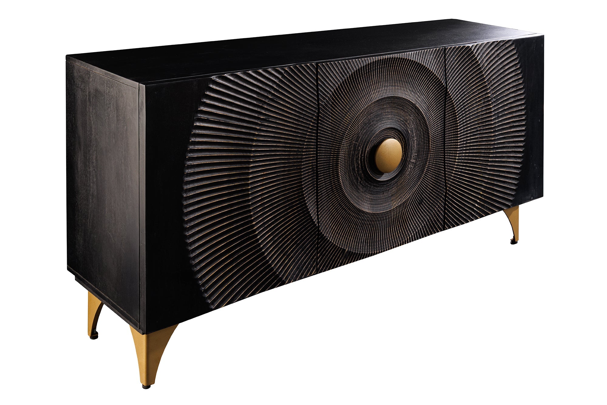 Buffet artisanal GOLDEN SUNSET 140cm noir avec sculptures 3D pieds en métal bois de manguier doré