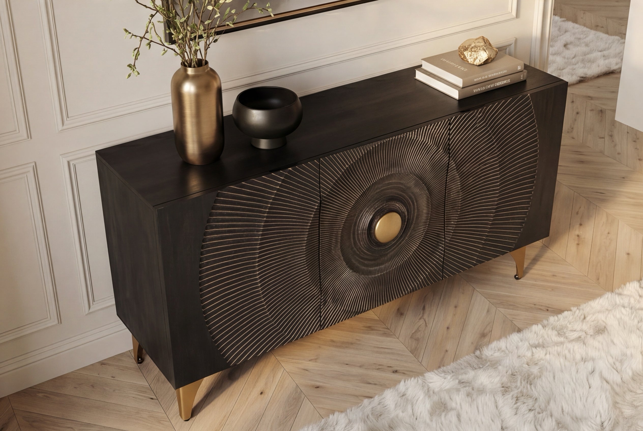 Buffet artisanal GOLDEN SUNSET 140cm noir avec sculptures 3D pieds en métal bois de manguier doré