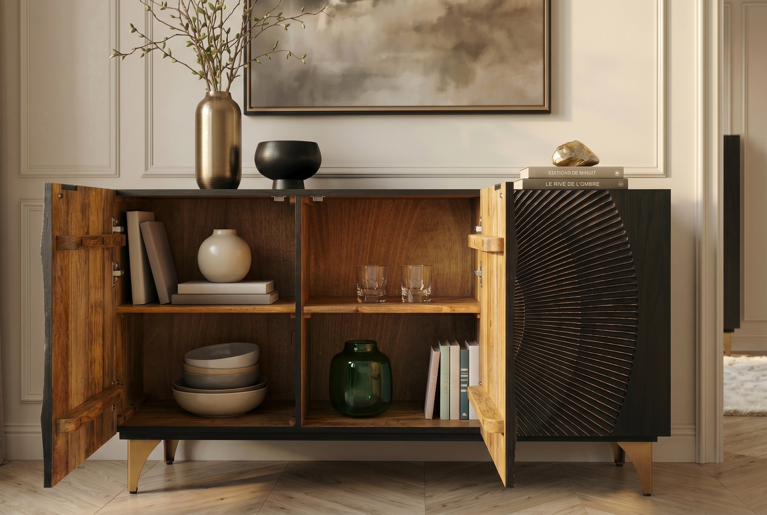Buffet artisanal GOLDEN SUNSET 140cm noir avec sculptures 3D pieds en métal bois de manguier doré