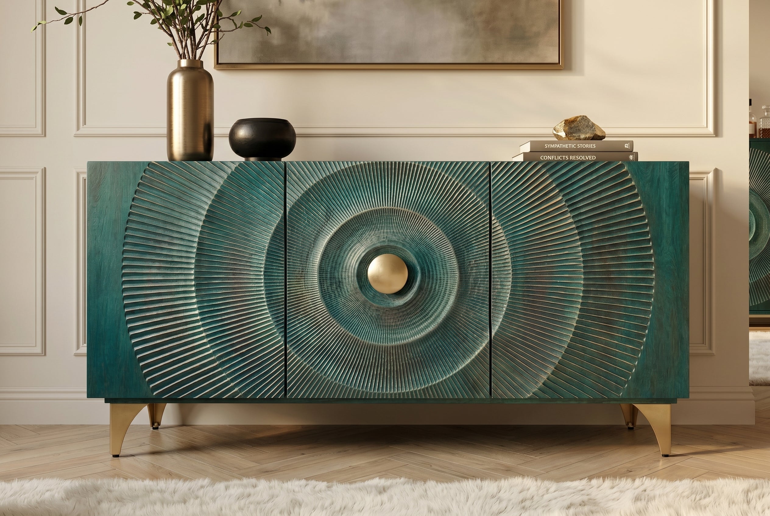 Buffet artisanal GOLDEN SUNSET 140cm turquoise avec sculptures 3D pieds métal bois de manguier doré