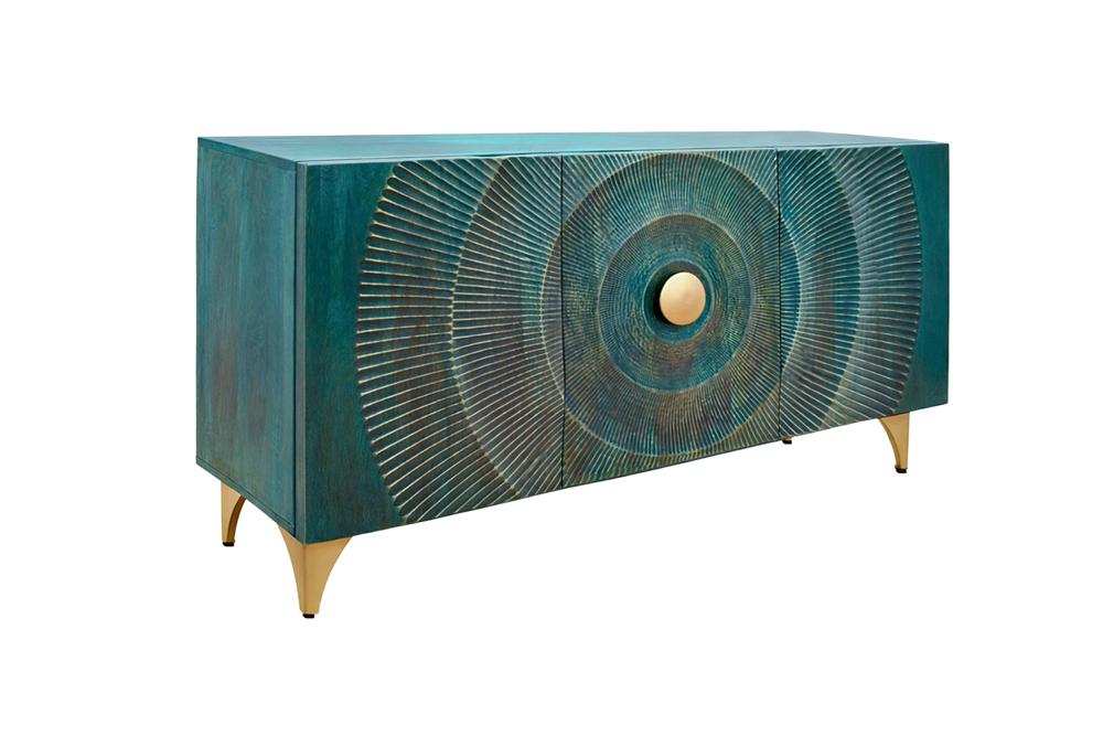 Buffet artisanal GOLDEN SUNSET 140cm turquoise avec sculptures 3D pieds métal bois de manguier doré
