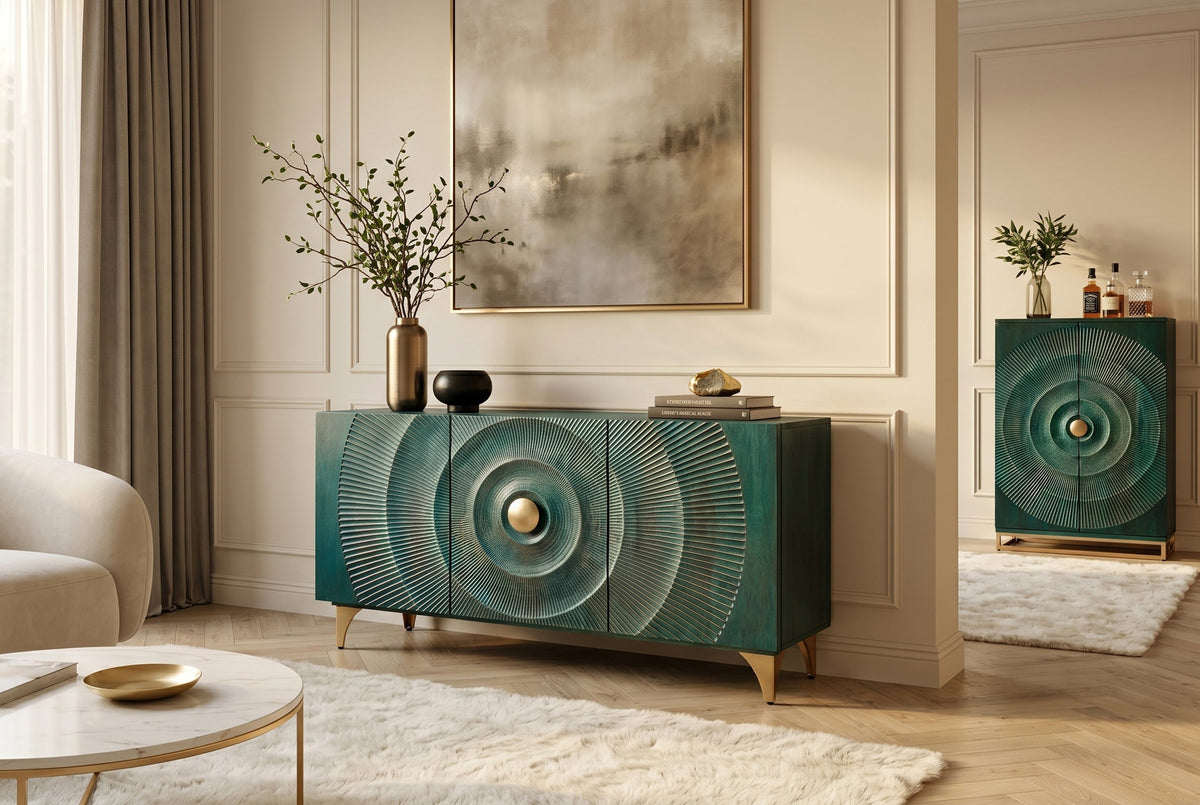 Buffet artisanal GOLDEN SUNSET 140cm turquoise avec sculptures 3D pieds métal bois de manguier doré