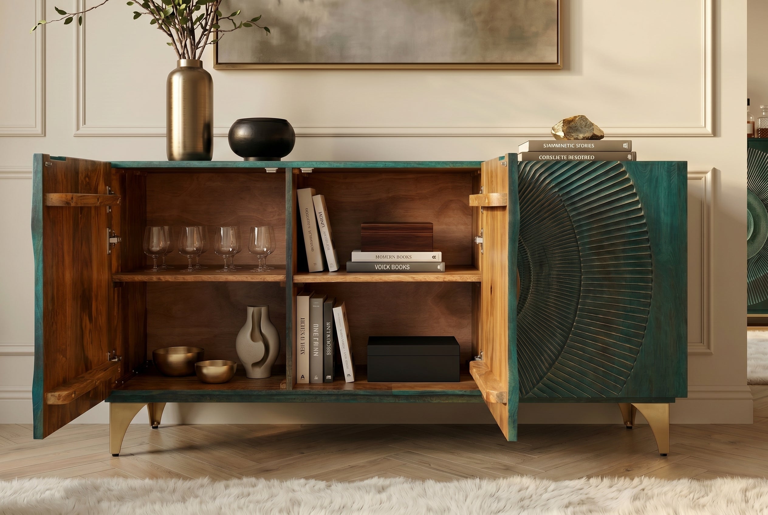 Buffet artisanal GOLDEN SUNSET 140cm turquoise avec sculptures 3D pieds métal bois de manguier doré