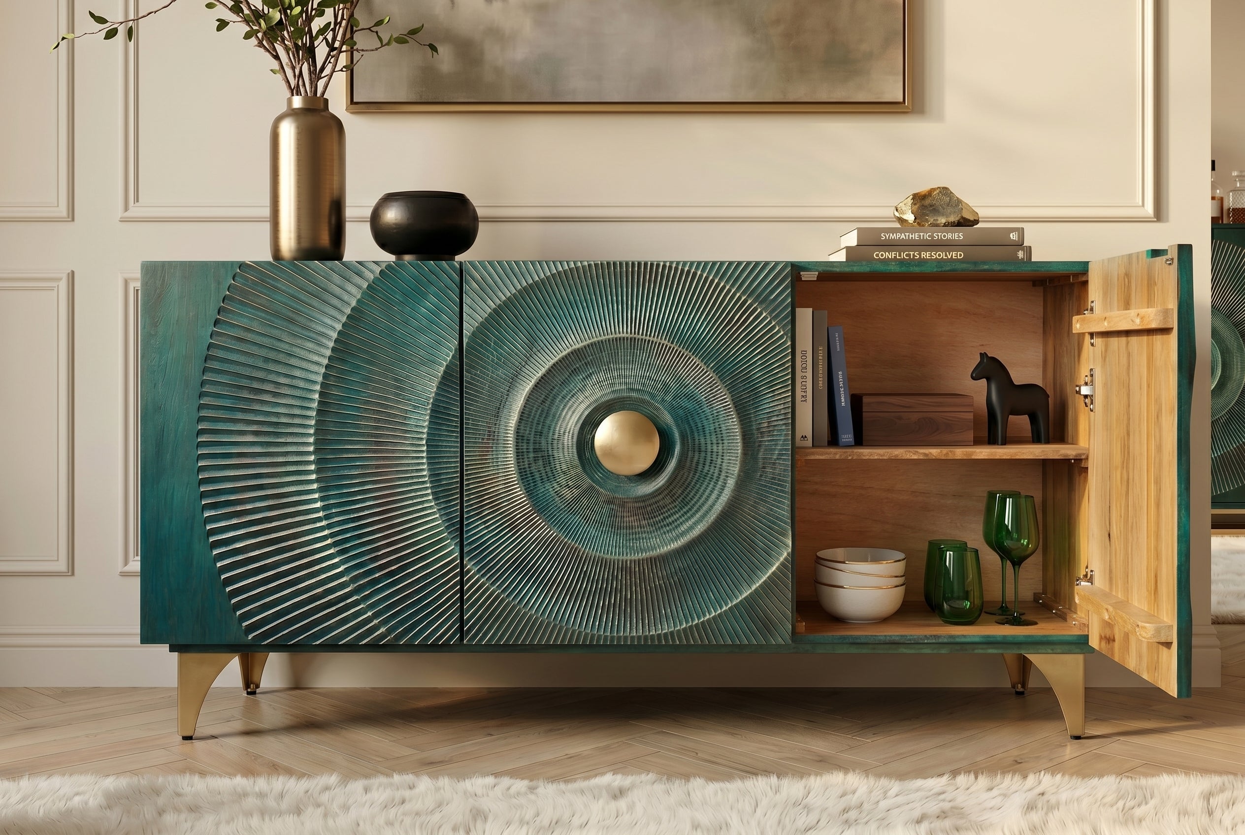 Buffet artisanal GOLDEN SUNSET 140cm turquoise avec sculptures 3D pieds métal bois de manguier doré