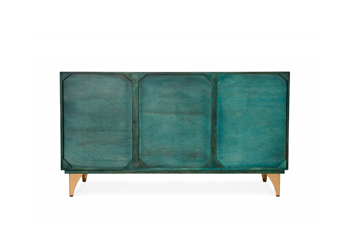 Buffet artisanal GOLDEN SUNSET 140cm turquoise avec sculptures 3D pieds métal bois de manguier doré