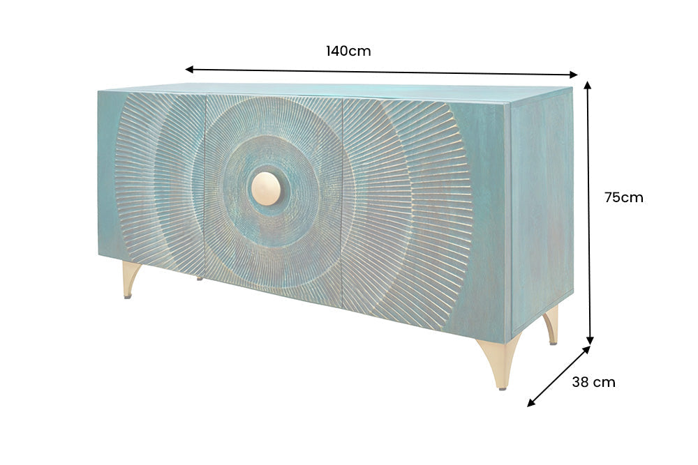 Buffet artisanal GOLDEN SUNSET 140cm turquoise avec sculptures 3D pieds métal bois de manguier doré