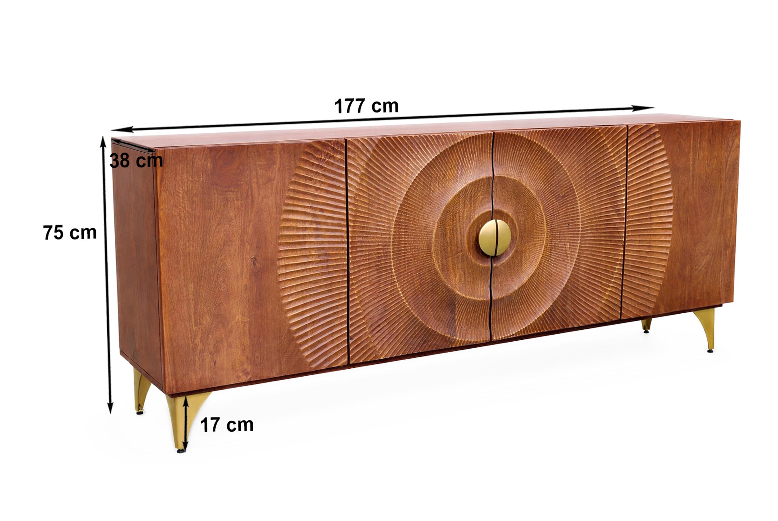 Buffet artisanal GOLDEN SUNSET 180cm marron avec sculptures 3D pieds en métal bois de manguier doré