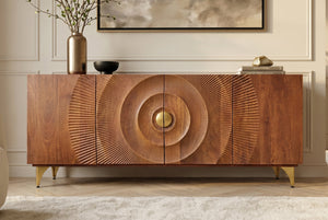 Buffet artisanal GOLDEN SUNSET 180cm marron avec sculptures 3D pieds en métal bois de manguier doré
