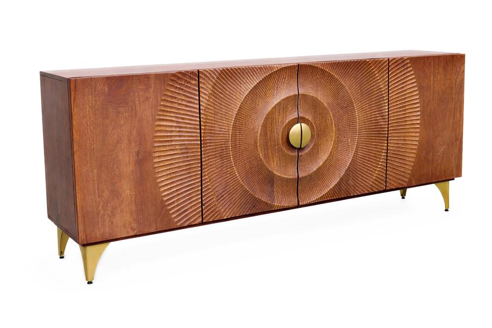 Buffet artisanal GOLDEN SUNSET 180cm marron avec sculptures 3D pieds en métal bois de manguier doré