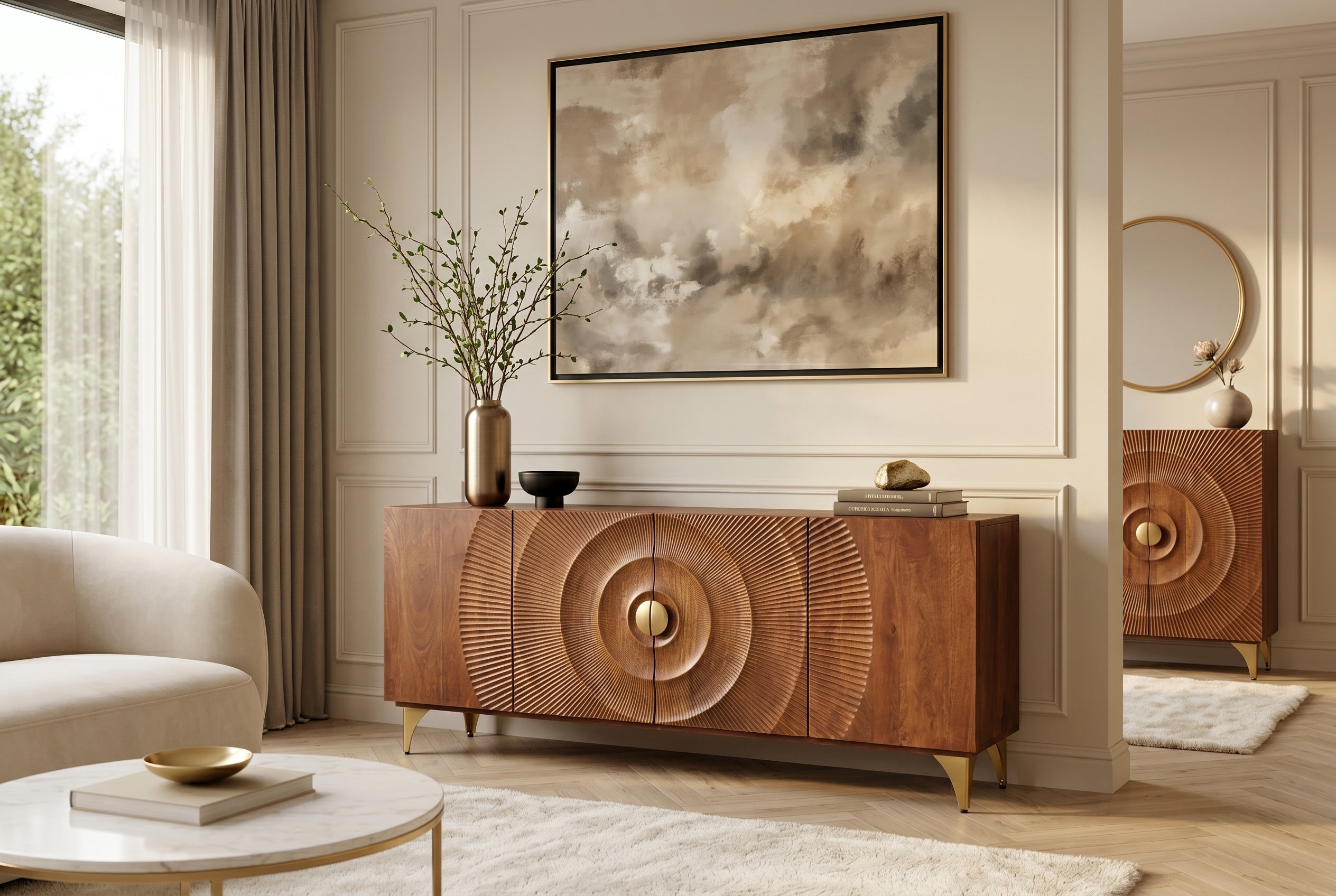 Buffet artisanal GOLDEN SUNSET 180cm marron avec sculptures 3D pieds en métal bois de manguier doré