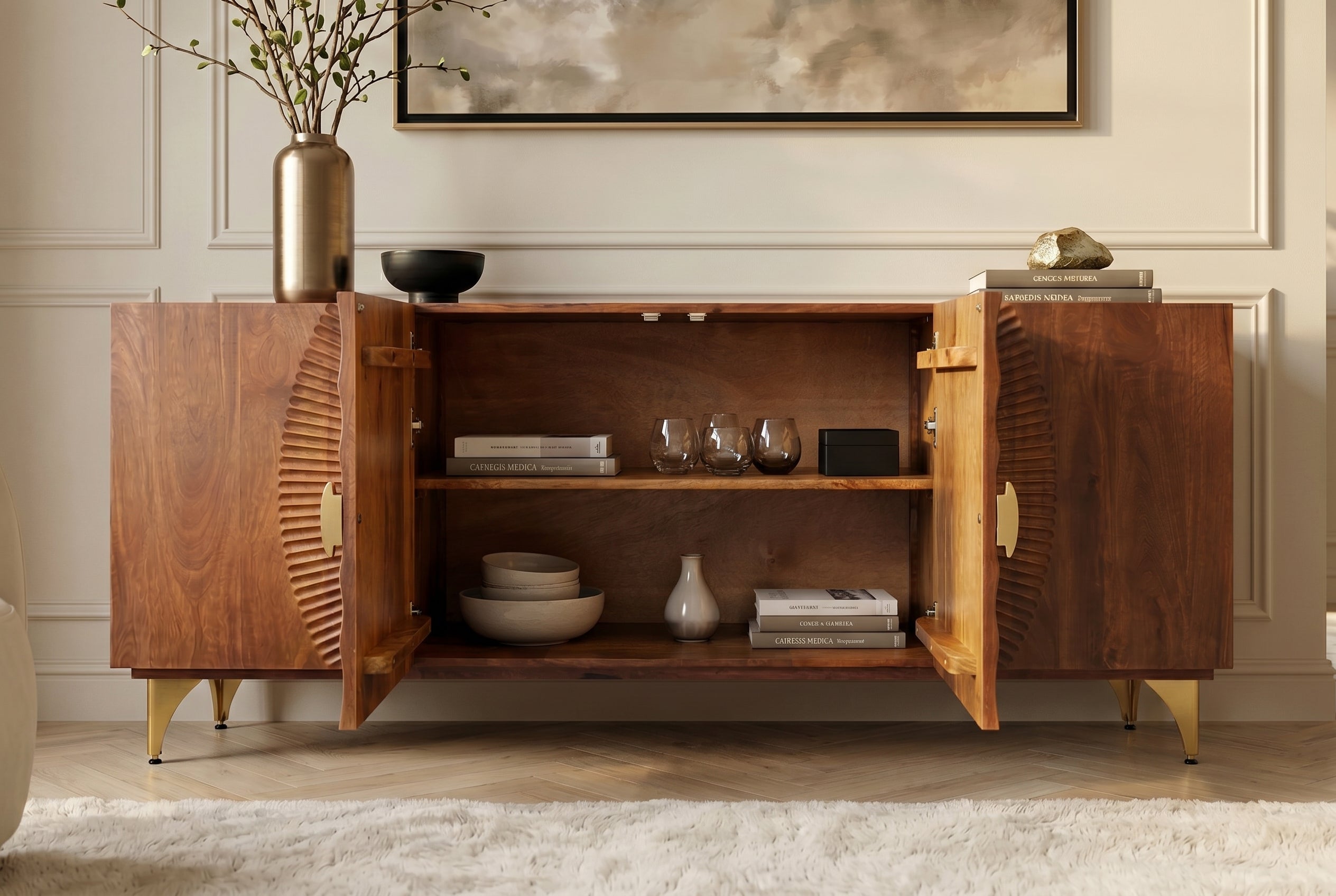 Buffet artisanal GOLDEN SUNSET 180cm marron avec sculptures 3D pieds en métal bois de manguier doré