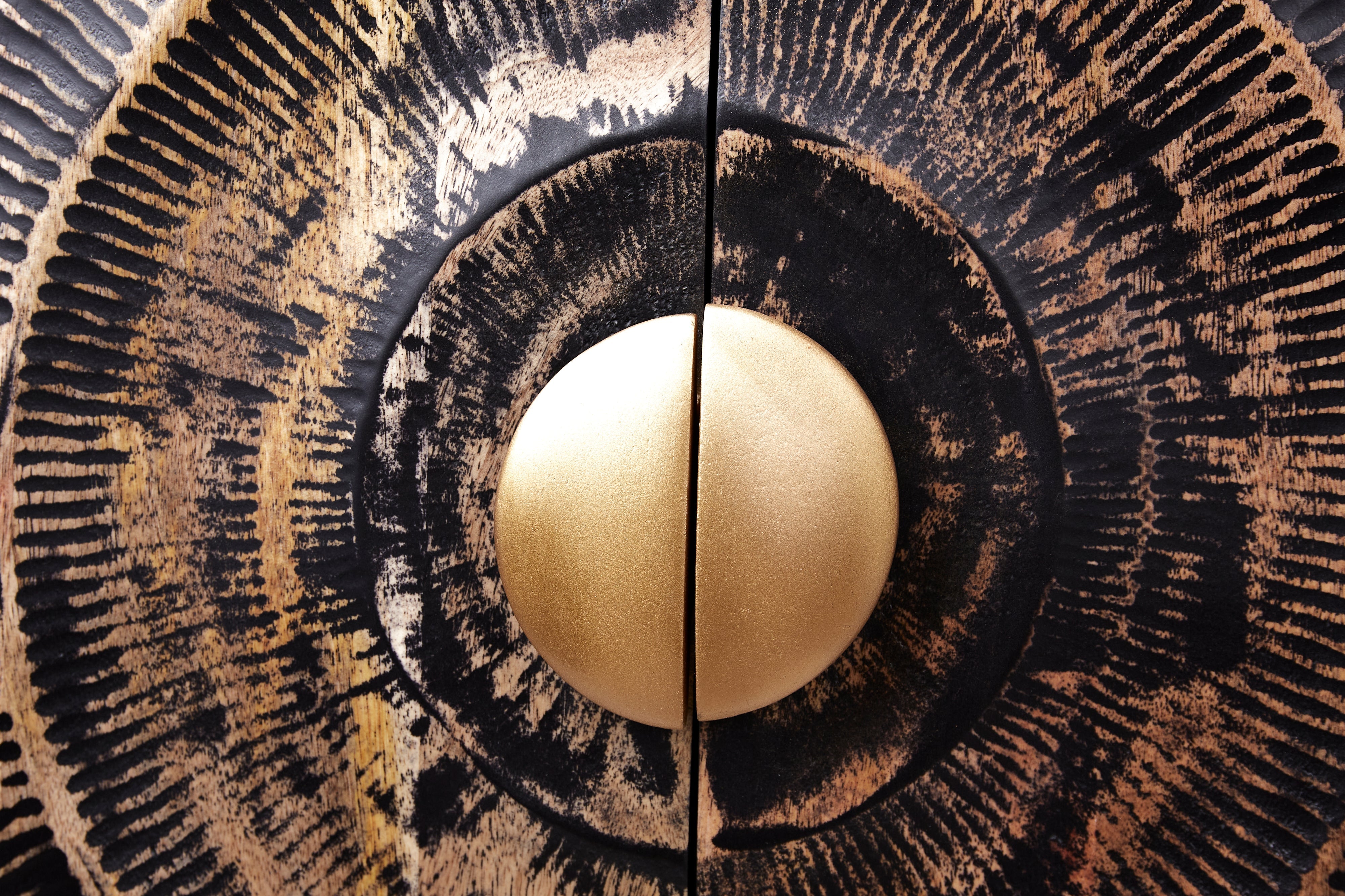 Buffet artisanal GOLDEN SUNSET 180cm noir avec sculptures 3D pieds en métal bois de manguier doré