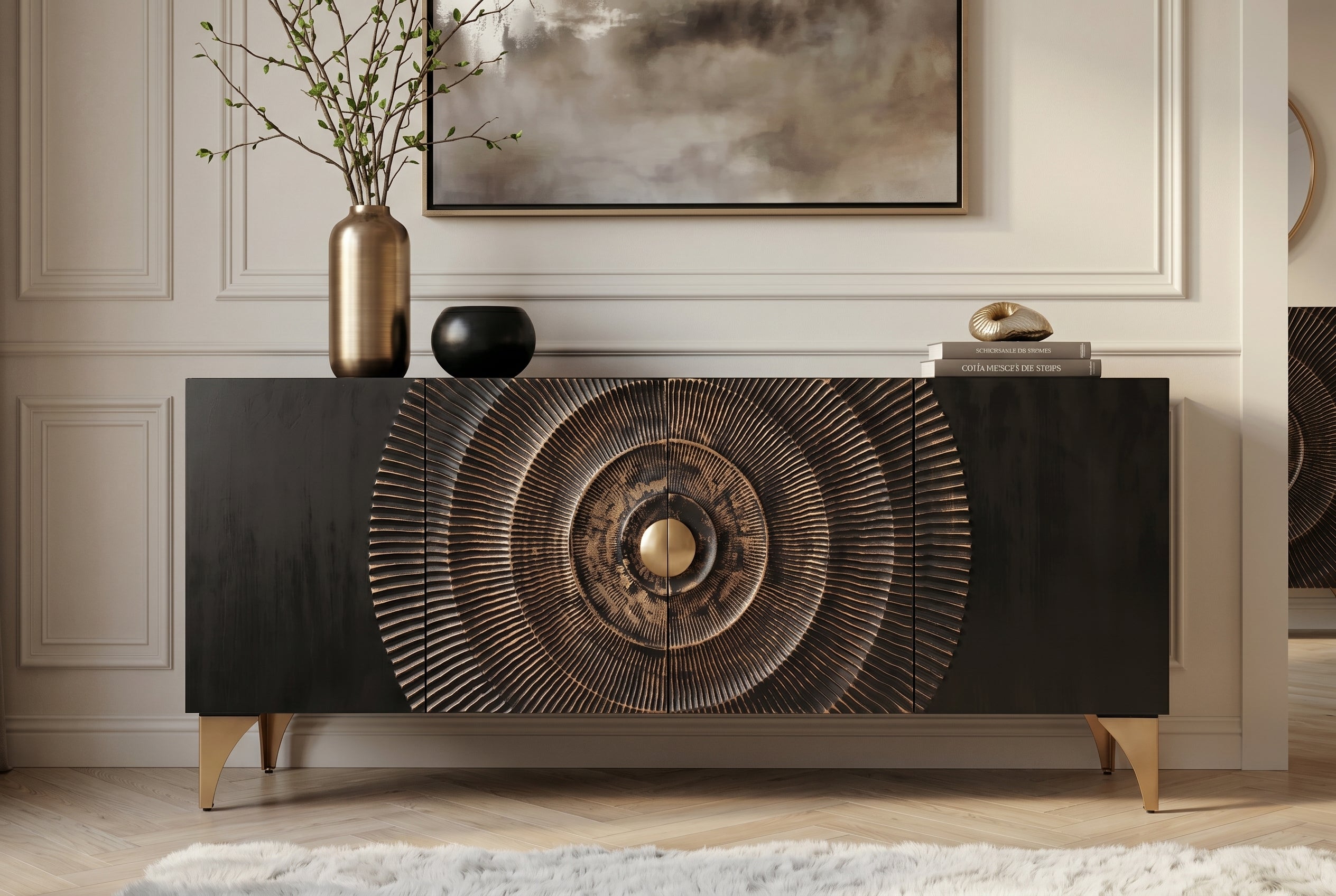 Buffet artisanal GOLDEN SUNSET 180cm noir avec sculptures 3D pieds en métal bois de manguier doré