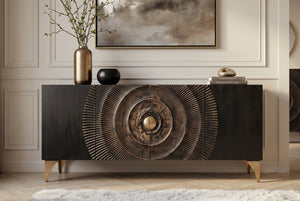 Buffet artisanal GOLDEN SUNSET 180cm noir avec sculptures 3D pieds en métal bois de manguier doré